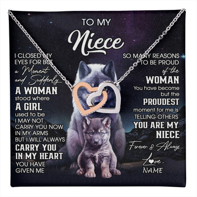 Interlocking Hearts Necklace Stainless Steel & Rose Gold Finish | 1 | Personalized To My Niece Necklace From Aunt Uncle I Close My Eyes Wolf Niece Birthday Gifts Jewelry Graduation Christmas Customized Gift Box Message Card | teecentury