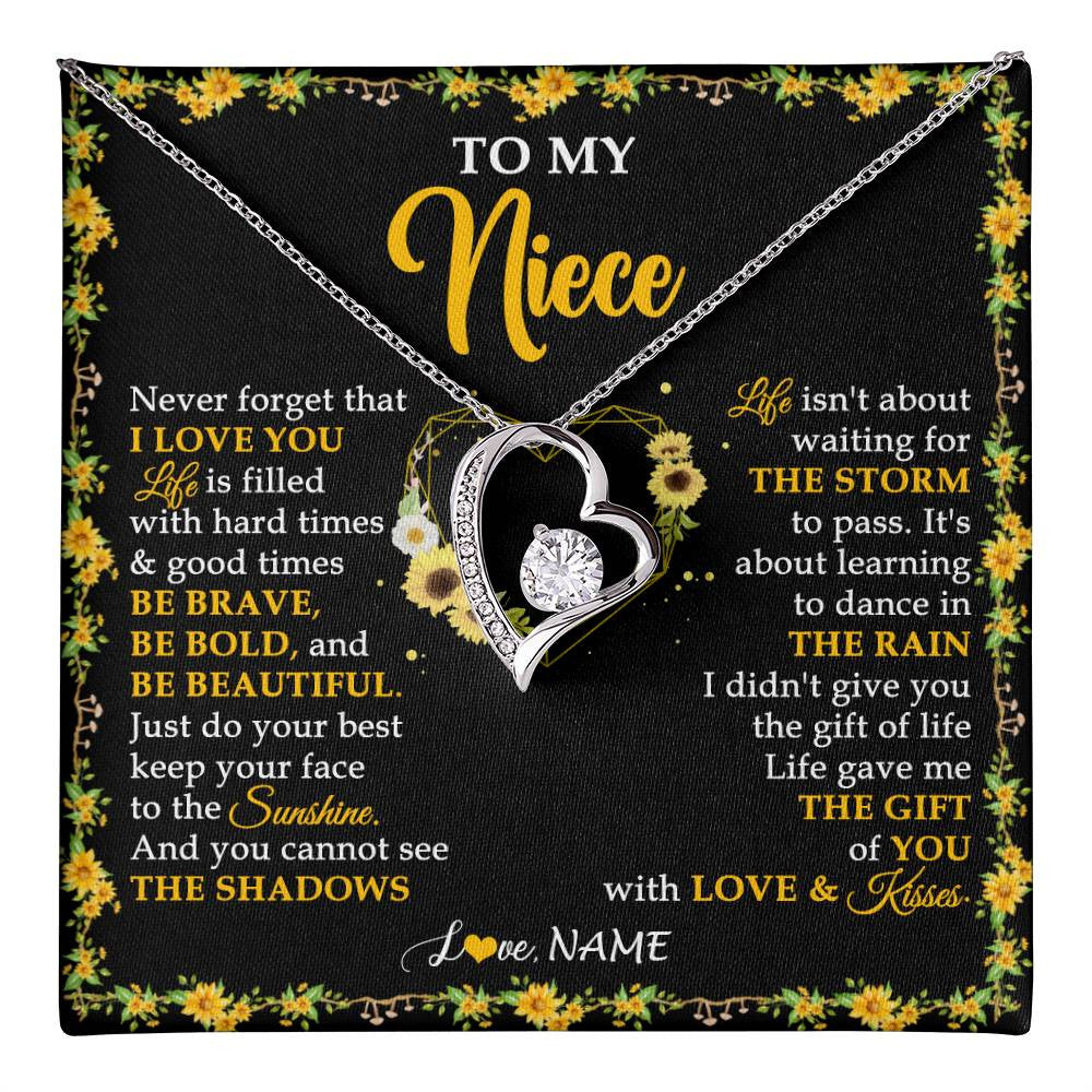 Forever Love Necklace 14K White Gold Finish | 1 | Personalized To My Niece Necklace From Aunt Uncle I Love You Sunflower Niece Jewelry Birthday Jewelry Graduation Christmas Customized Gift Box Message Card | teecentury