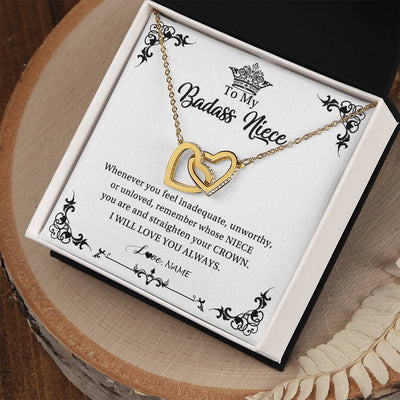 Interlocking Hearts Necklace 18K Yellow Gold Finish | Personalized To My Niece Necklace From Aunt Uncle I Will Love You Always Niece Pendant Jewelry Birthday Graduation Christmas Customized Message Card | teecentury