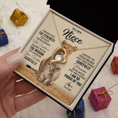 Forever Love Necklace 18K Yellow Gold Finish | 2 | Personalized To My Niece Necklace From Aunt Uncle I Wish You The Strength Lion Niece Birthday Jewelry Graduation Christmas Customized Gift Box Message Card | teecentury