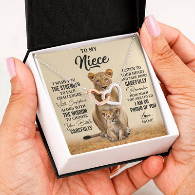 Interlocking Hearts Necklace Stainless Steel & Rose Gold Finish | 2 | Personalized To My Niece Necklace From Aunt Uncle I Wish You The Strength Lion Niece Birthday Jewelry Graduation Christmas Customized Gift Box Message Card | teecentury