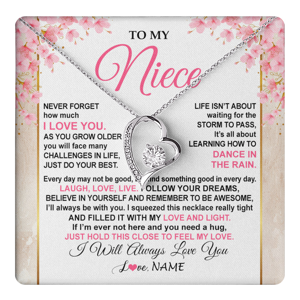 Forever Love Necklace 14K White Gold Finish | 1 | Personalized To My Niece Necklace From Aunt Uncle Inspirational I Love You Niece Birthday Valentines Day Graduation Christmas Customized Gift Box Message Card | teecentury