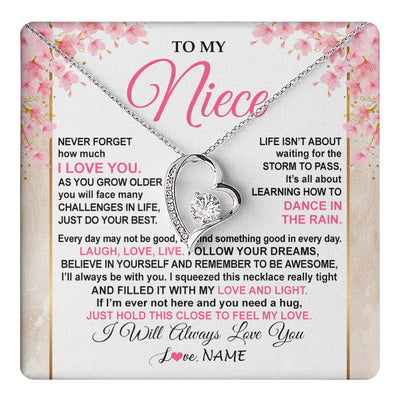 Forever Love Necklace 14K White Gold Finish | 1 | Personalized To My Niece Necklace From Aunt Uncle Inspirational I Love You Niece Birthday Valentines Day Graduation Christmas Customized Gift Box Message Card | teecentury