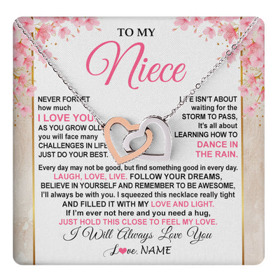 Interlocking Hearts Necklace Stainless Steel & Rose Gold Finish | 1 | Personalized To My Niece Necklace From Aunt Uncle Inspirational I Love You Niece Birthday Valentines Day Graduation Christmas Customized Gift Box Message Card | teecentury