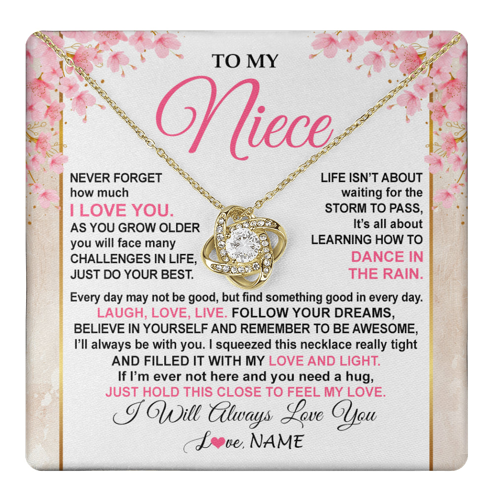 Love Knot Necklace 18K Yellow Gold Finish | 1 | Personalized To My Niece Necklace From Aunt Uncle Inspirational I Love You Niece Birthday Valentines Day Graduation Christmas Customized Gift Box Message Card | teecentury
