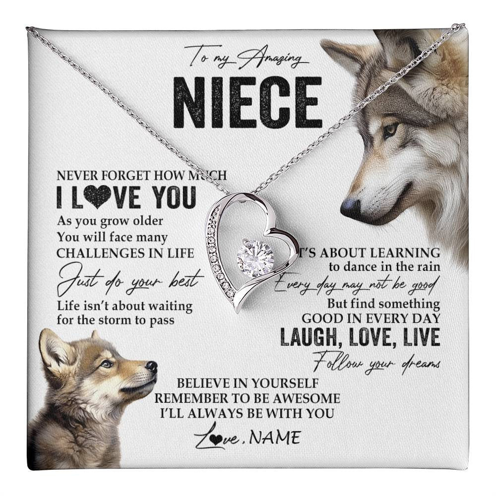 Forever Love Necklace 14K White Gold Finish | 1 | Personalized To My Niece Necklace From Aunt Uncle Just Do You Best Laugh Love Live Wolf Niece Birthday Graduation Christmas Customized Gift Box Message Card | teecentury