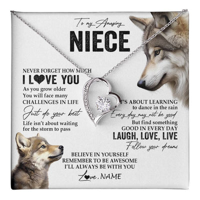 Forever Love Necklace 14K White Gold Finish | 1 | Personalized To My Niece Necklace From Aunt Uncle Just Do You Best Laugh Love Live Wolf Niece Birthday Graduation Christmas Customized Gift Box Message Card | teecentury