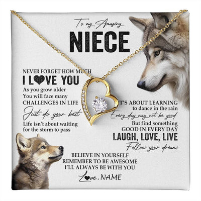 Forever Love Necklace 18K Yellow Gold Finish | 1 | Personalized To My Niece Necklace From Aunt Uncle Just Do You Best Laugh Love Live Wolf Niece Birthday Graduation Christmas Customized Gift Box Message Card | teecentury