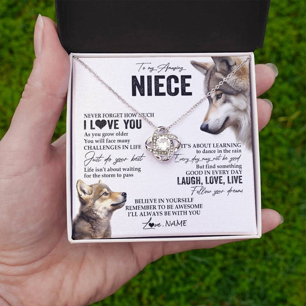 Love Knot Necklace 14K White Gold Finish | 2 | Personalized To My Niece Necklace From Aunt Uncle Just Do You Best Laugh Love Live Wolf Niece Birthday Graduation Christmas Customized Gift Box Message Card | teecentury
