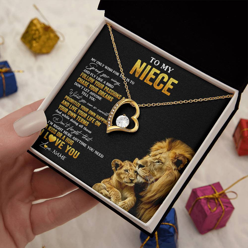 Forever Love Necklace 18K Yellow Gold Finish | 2 | Personalized To My Niece Necklace From Aunt Uncle Lion My Only Wish For You Niece Birthday Graduation Christmas Customized Gift Box Message Card | teecentury