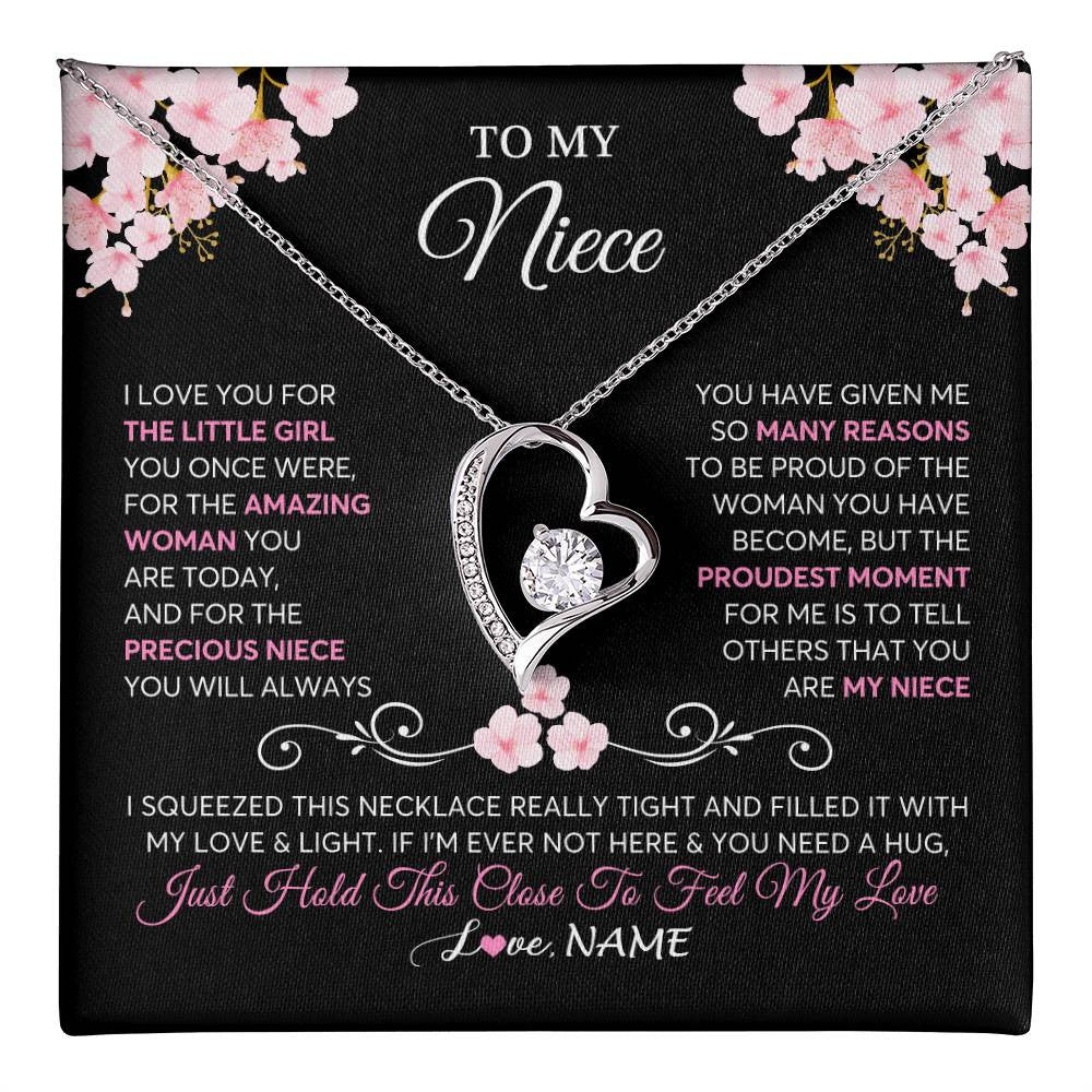 Forever Love Necklace 14K White Gold Finish | 1 | Personalized To My Niece Necklace From Aunt Uncle Love You Little Girl Niece Jewelry Birthday Jewelry Graduation Christmas Customized Gift Box Message Card | teecentury