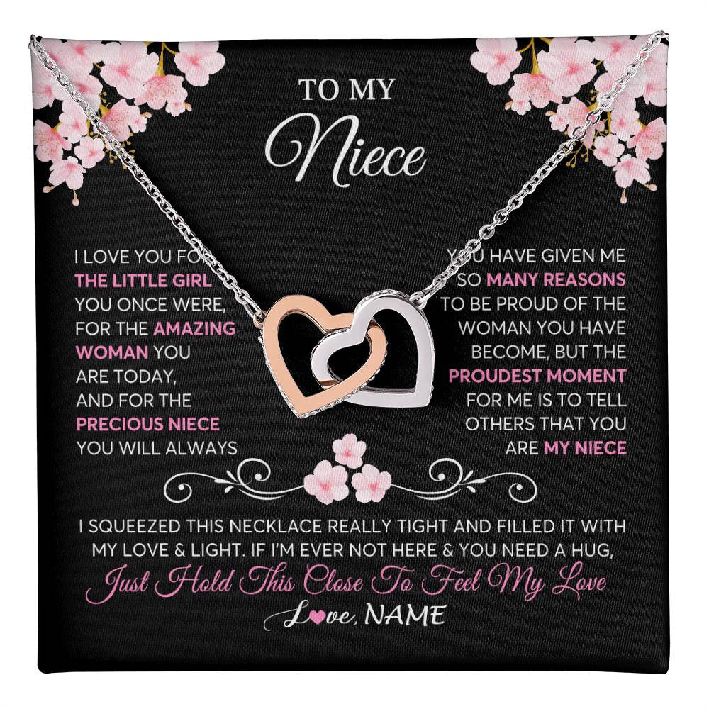 Interlocking Hearts Necklace Stainless Steel & Rose Gold Finish | 1 | Personalized To My Niece Necklace From Aunt Uncle Love You Little Girl Niece Jewelry Birthday Jewelry Graduation Christmas Customized Gift Box Message Card | teecentury