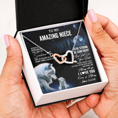 Interlocking Hearts Necklace Stainless Steel & Rose Gold Finish | 2 | Personalized To My Niece Necklace From Aunt Uncle Moon Wolf Niece Birthday Gifts Jewelry Graduation Christmas Customized Gift Box Message Card | teecentury