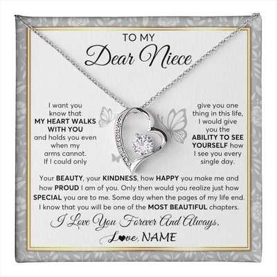 Forever Love Necklace 14K White Gold Finish | 1 | Personalized To My Niece Necklace From Aunt Uncle My Heart Walks With You Niece Birthday Gifts Jewelry Graduation Christmas Customized Gift Box Message Card | teecentury