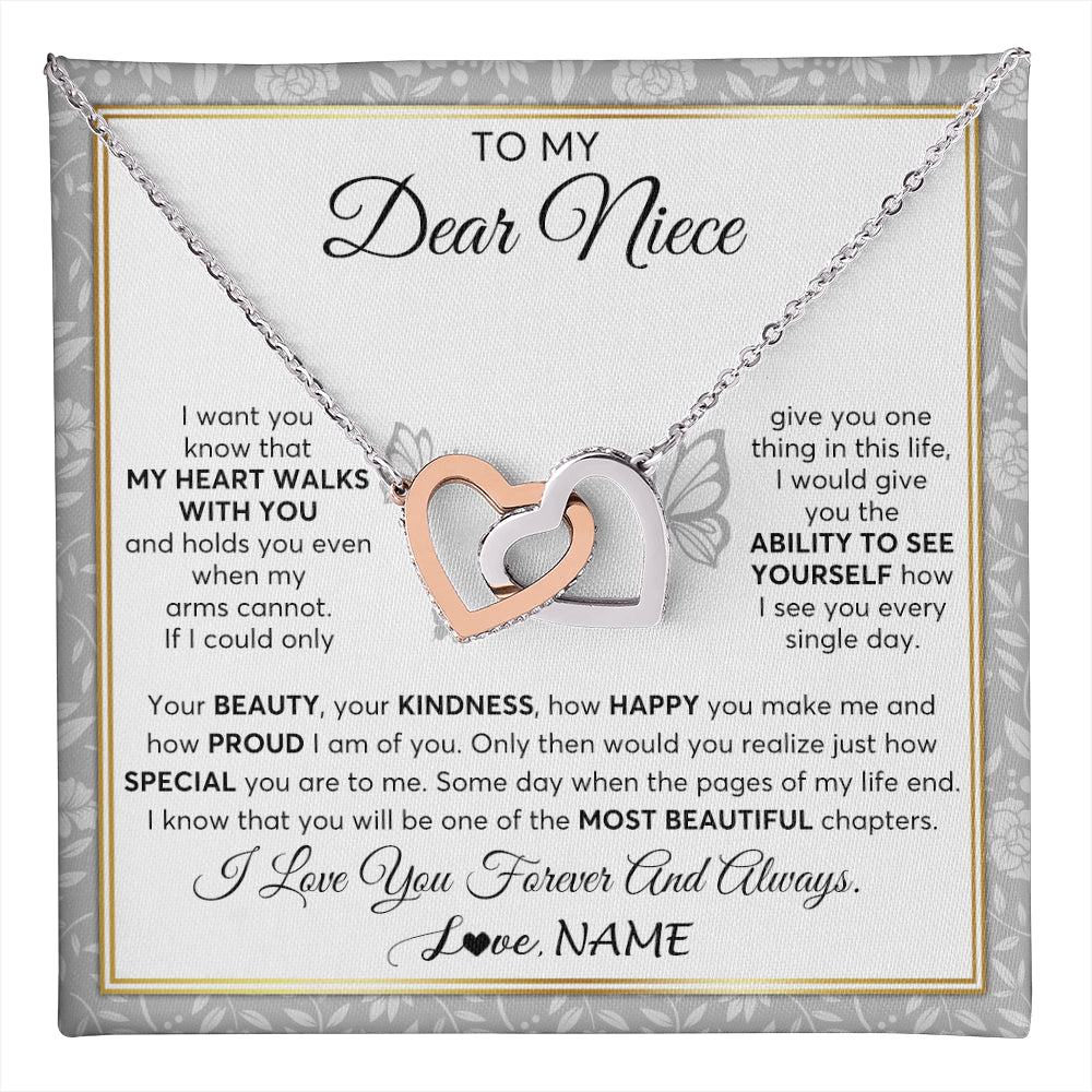 Interlocking Hearts Necklace Stainless Steel & Rose Gold Finish | 1 | Personalized To My Niece Necklace From Aunt Uncle My Heart Walks With You Niece Birthday Gifts Jewelry Graduation Christmas Customized Gift Box Message Card | teecentury