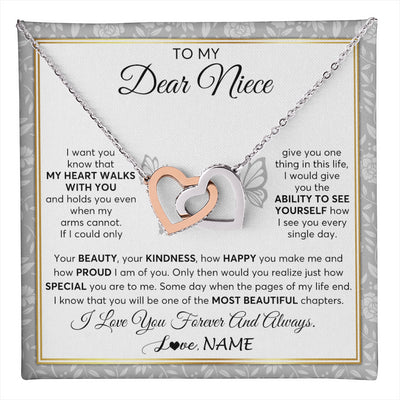 Interlocking Hearts Necklace Stainless Steel & Rose Gold Finish | 1 | Personalized To My Niece Necklace From Aunt Uncle My Heart Walks With You Niece Birthday Gifts Jewelry Graduation Christmas Customized Gift Box Message Card | teecentury