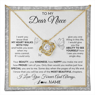 Love Knot Necklace 18K Yellow Gold Finish | 1 | Personalized To My Niece Necklace From Aunt Uncle My Heart Walks With You Niece Birthday Gifts Jewelry Graduation Christmas Customized Gift Box Message Card | teecentury