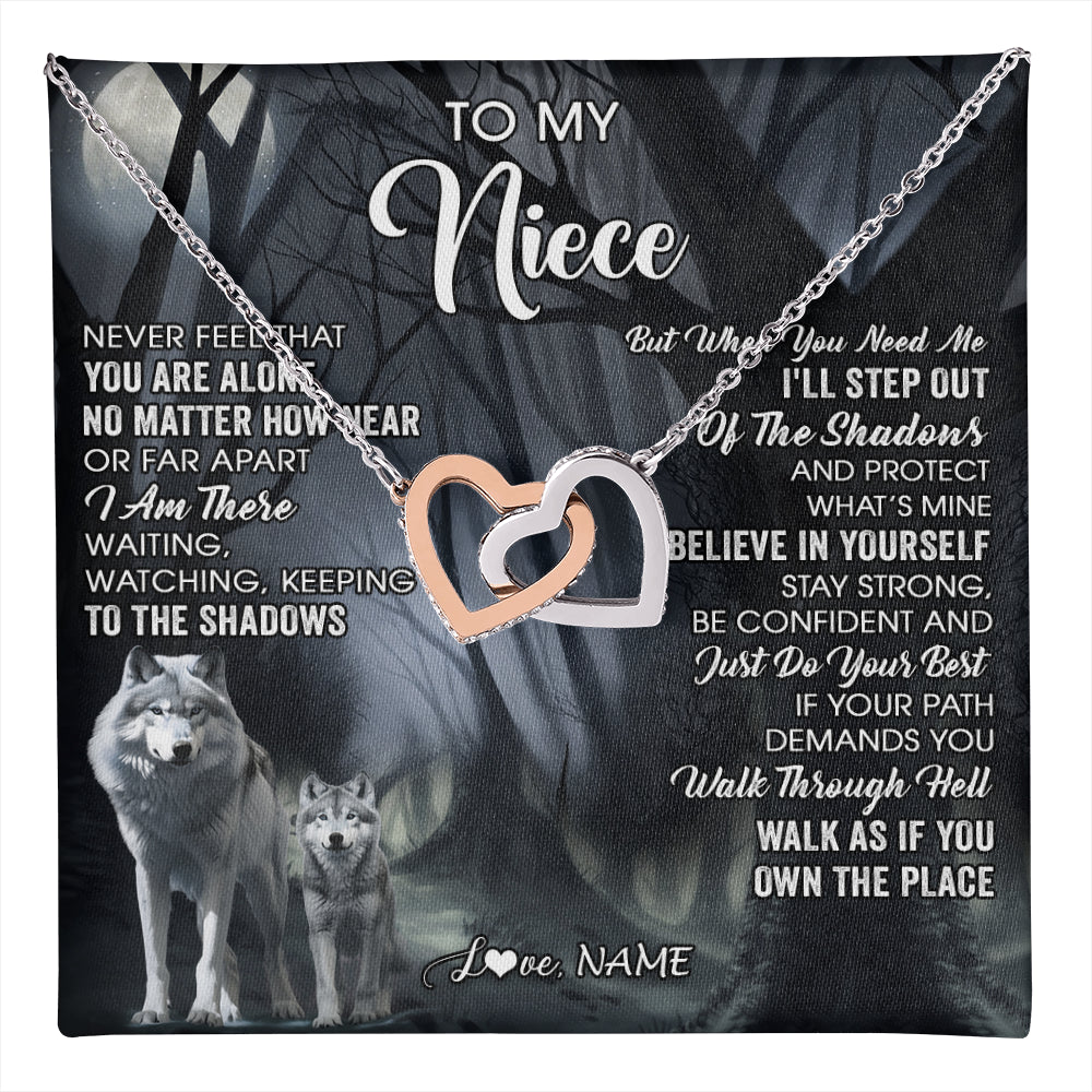 Interlocking Hearts Necklace Stainless Steel & Rose Gold Finish | 1 | Personalized To My Niece Necklace From Aunt Uncle Never Feel That You Are Alone Wolf Niece Birthday Gifts Jewelry Christmas Customized Gift Box Message Card | teecentury