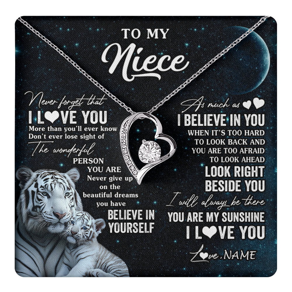 Forever Love Necklace 14K White Gold Finish | 1 | Personalized To My Niece Necklace From Aunt Uncle Never Forget I Love You White Tiger Niece Birthday Graduation Christmas Customized Gift Box Message Card | teecentury