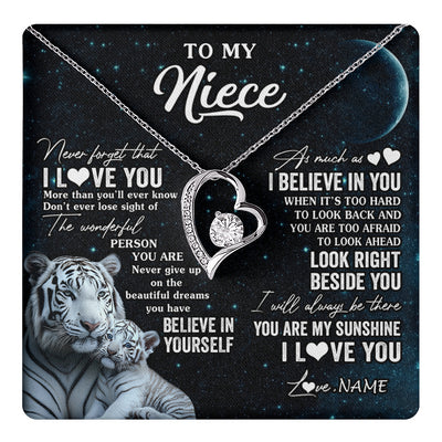 Forever Love Necklace 14K White Gold Finish | 1 | Personalized To My Niece Necklace From Aunt Uncle Never Forget I Love You White Tiger Niece Birthday Graduation Christmas Customized Gift Box Message Card | teecentury