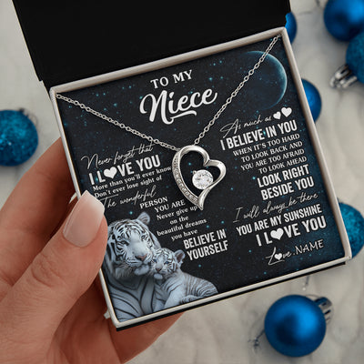 Forever Love Necklace 14K White Gold Finish | 2 | Personalized To My Niece Necklace From Aunt Uncle Never Forget I Love You White Tiger Niece Birthday Graduation Christmas Customized Gift Box Message Card | teecentury