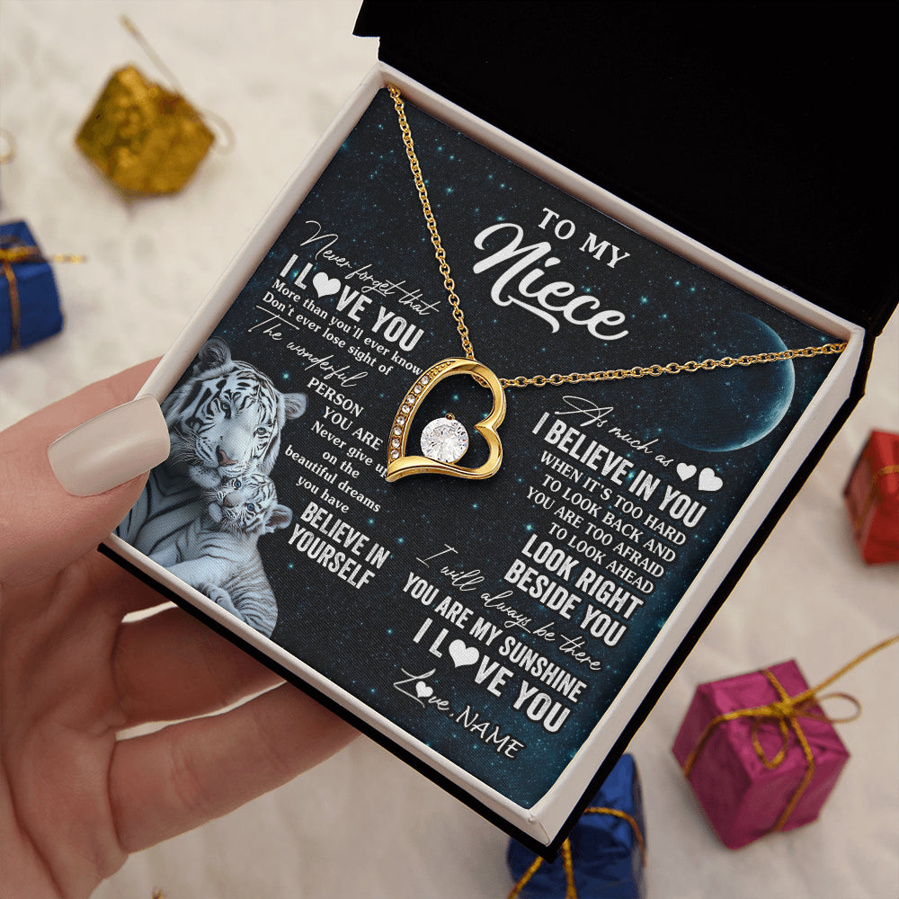 Forever Love Necklace 18K Yellow Gold Finish | 2 | Personalized To My Niece Necklace From Aunt Uncle Never Forget I Love You White Tiger Niece Birthday Graduation Christmas Customized Gift Box Message Card | teecentury
