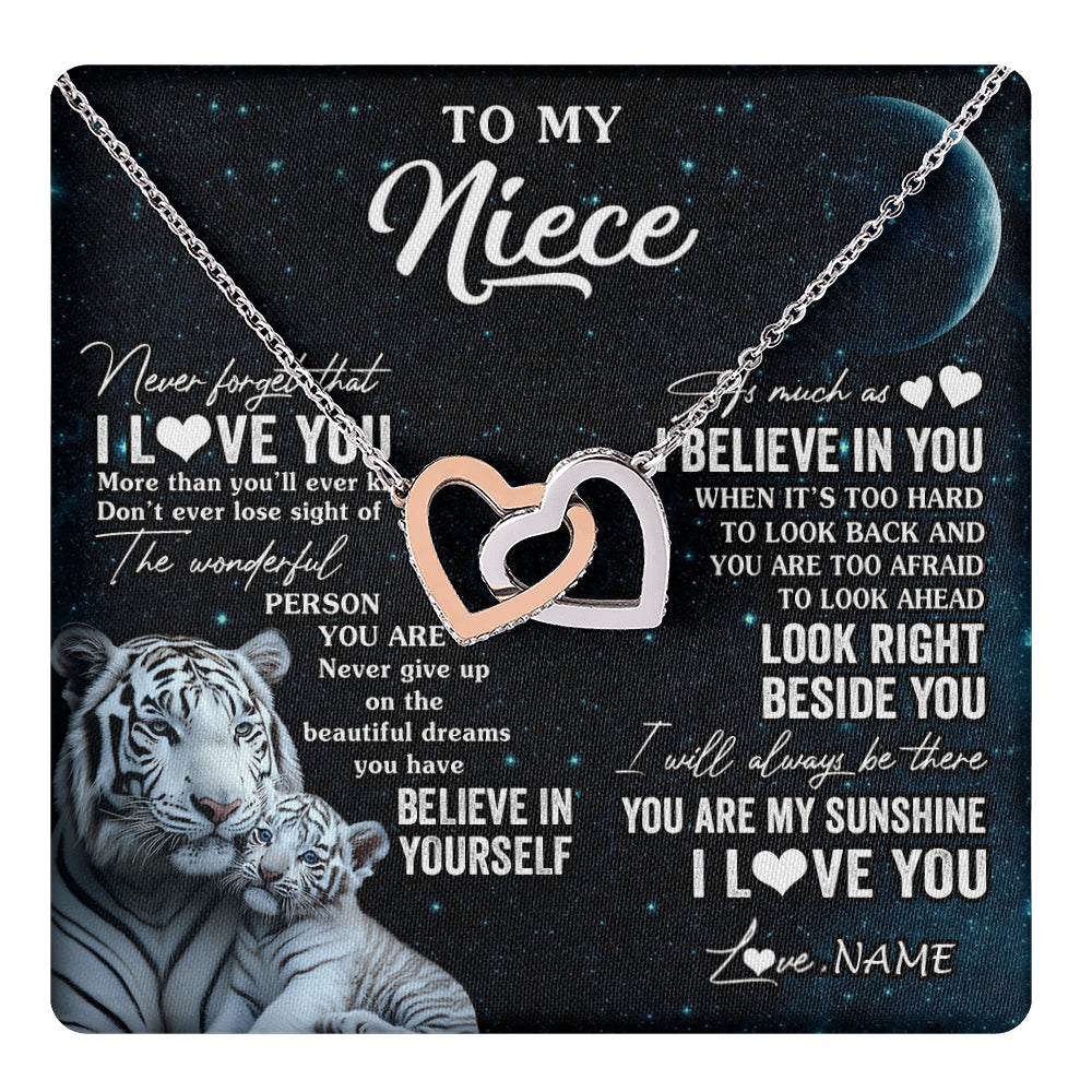 Interlocking Hearts Necklace Stainless Steel & Rose Gold Finish | 1 | Personalized To My Niece Necklace From Aunt Uncle Never Forget I Love You White Tiger Niece Birthday Graduation Christmas Customized Gift Box Message Card | teecentury