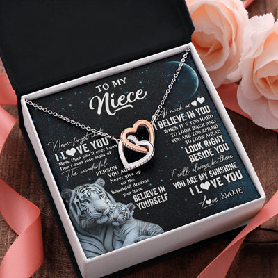 Interlocking Hearts Necklace Stainless Steel & Rose Gold Finish | 2 | Personalized To My Niece Necklace From Aunt Uncle Never Forget I Love You White Tiger Niece Birthday Graduation Christmas Customized Gift Box Message Card | teecentury