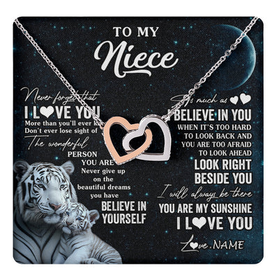 Interlocking Hearts Necklace Stainless Steel & Rose Gold Finish | 1 | Personalized To My Niece Necklace From Aunt Uncle Never Forget I Love You White Tiger Niece Birthday Graduation Christmas Customized Gift Box Message Card | teecentury