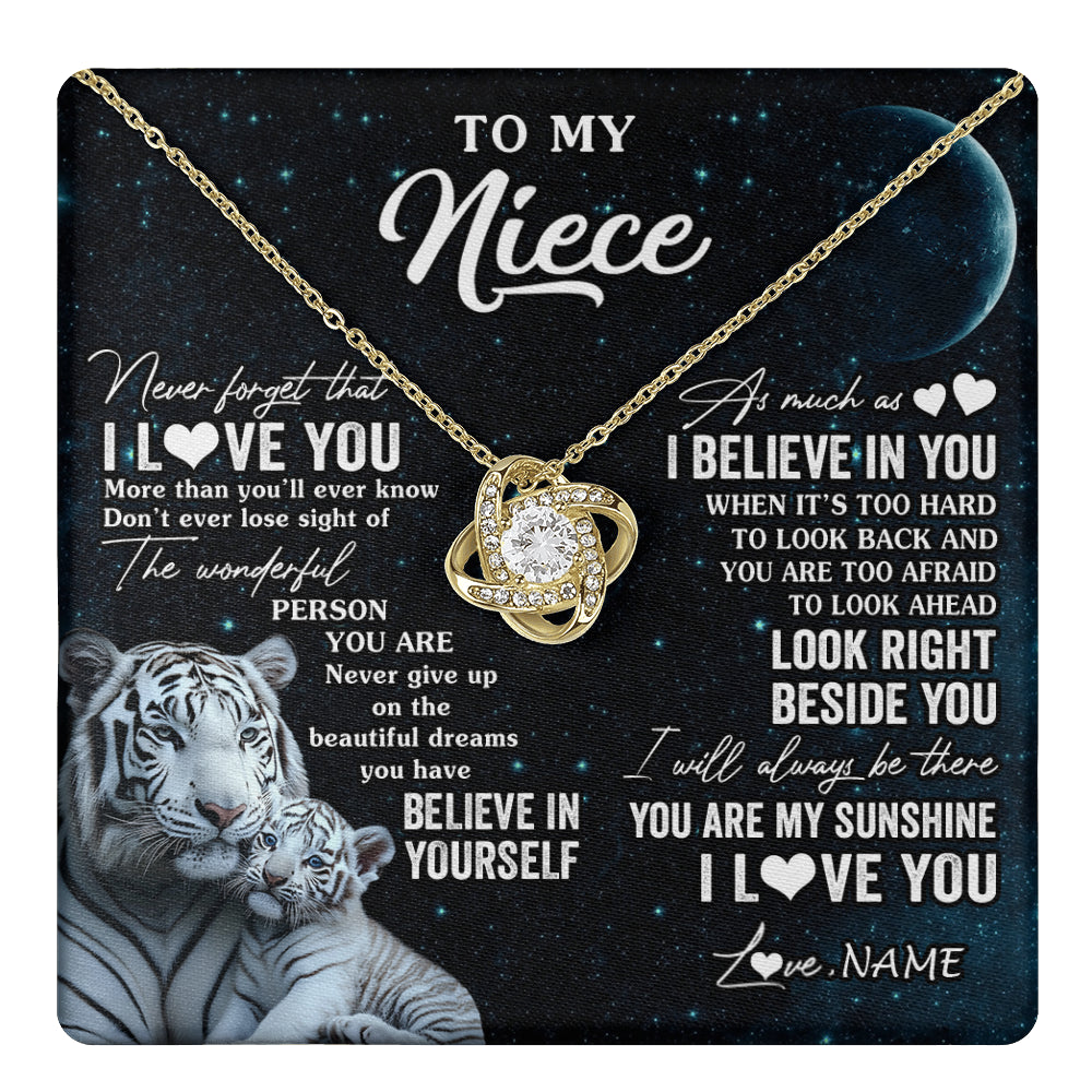Love Knot Necklace 18K Yellow Gold Finish | 1 | Personalized To My Niece Necklace From Aunt Uncle Never Forget I Love You White Tiger Niece Birthday Graduation Christmas Customized Gift Box Message Card | teecentury