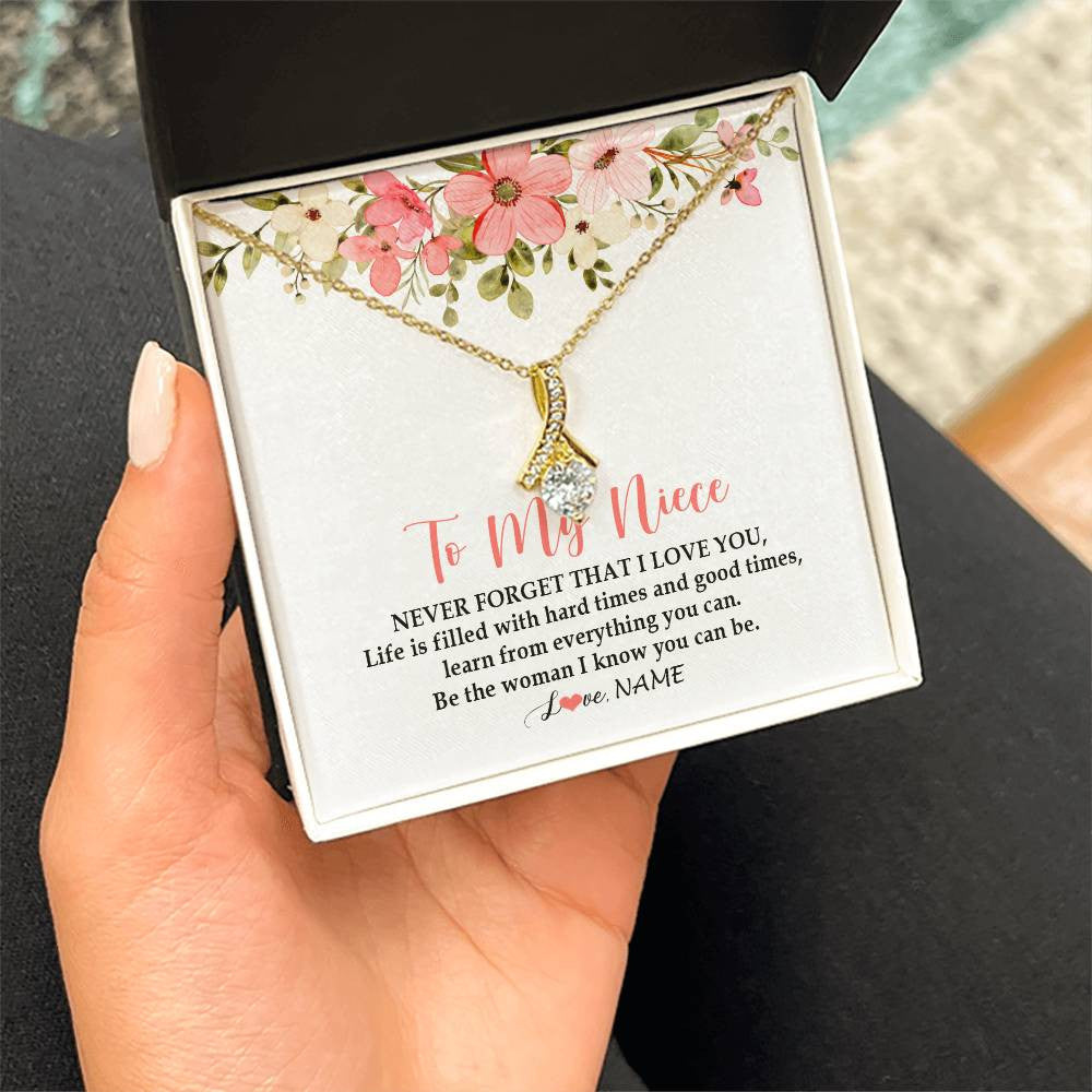 Alluring Beauty Necklace 18K Yellow Gold Finish | Personalized To My Niece Necklace From Aunt Uncle Never Forget That I Love You Niece Pendant Jewelry Birthday Christmas Customized Gift Box Message Card | teecentury