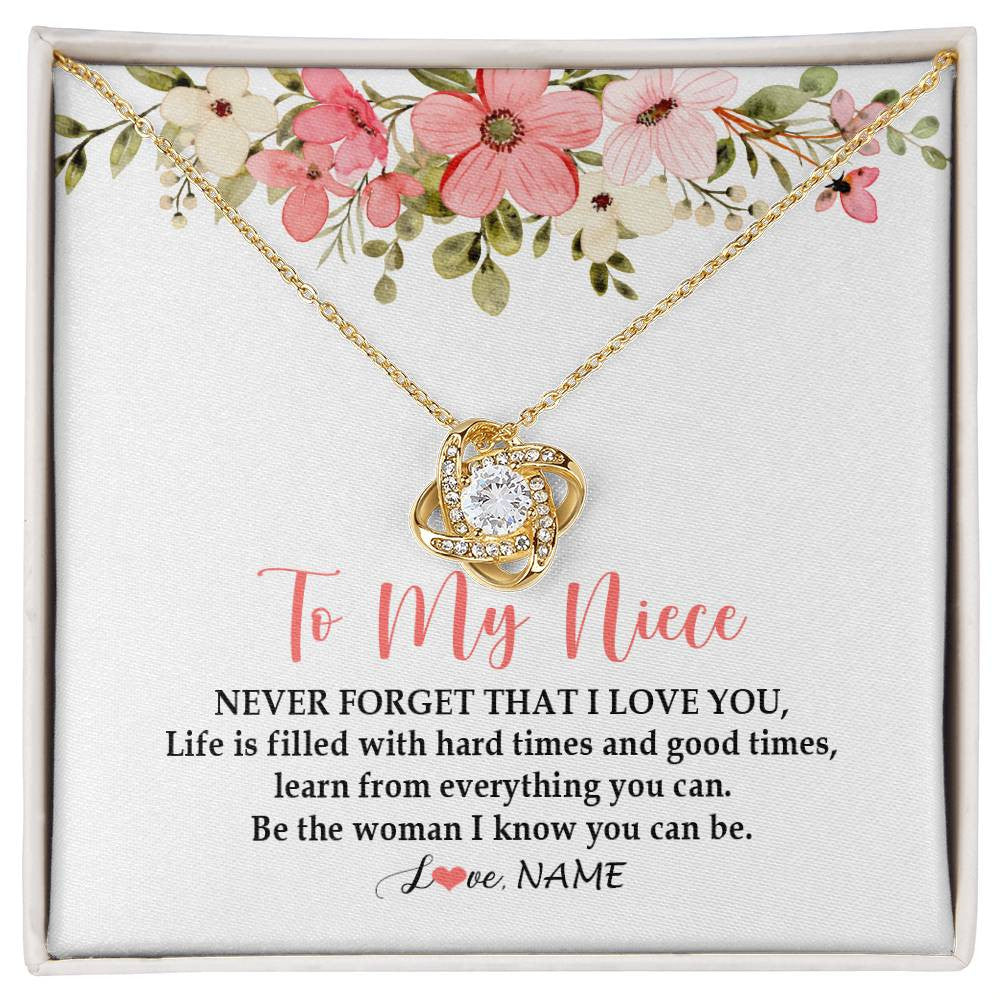 Love Knot Necklace 18K Yellow Gold Finish | Personalized To My Niece Necklace From Aunt Uncle Never Forget That I Love You Niece Pendant Jewelry Birthday Christmas Customized Gift Box Message Card | teecentury