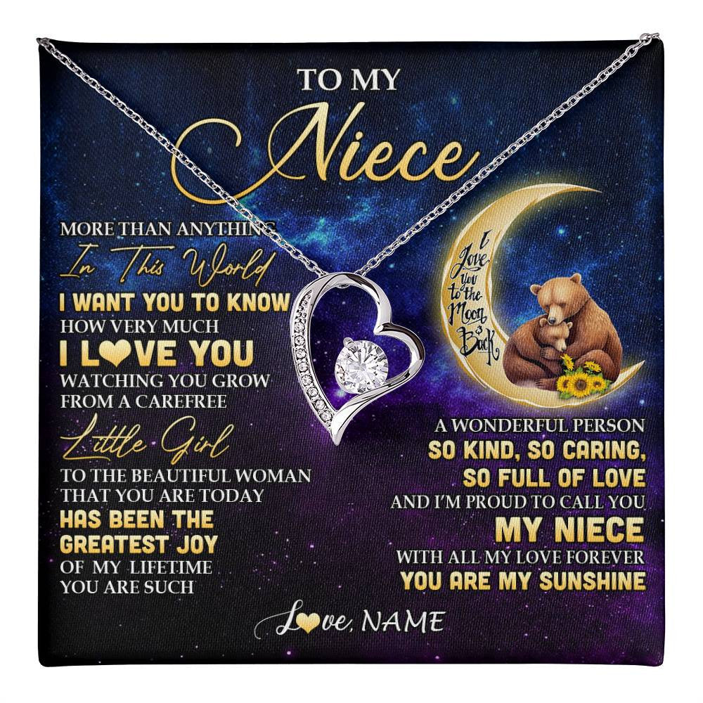 Forever Love Necklace 14K White Gold Finish | 1 | Personalized To My Niece Necklace From Aunt Uncle Positive Energy Encourage Brave Little Bear Niece Birthday Gifts Christmas Customized Gift Box Message Card | teecentury