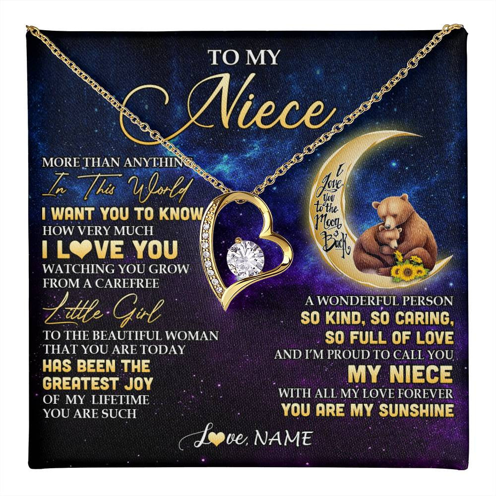 Forever Love Necklace 18K Yellow Gold Finish | 1 | Personalized To My Niece Necklace From Aunt Uncle Positive Energy Encourage Brave Little Bear Niece Birthday Gifts Christmas Customized Gift Box Message Card | teecentury