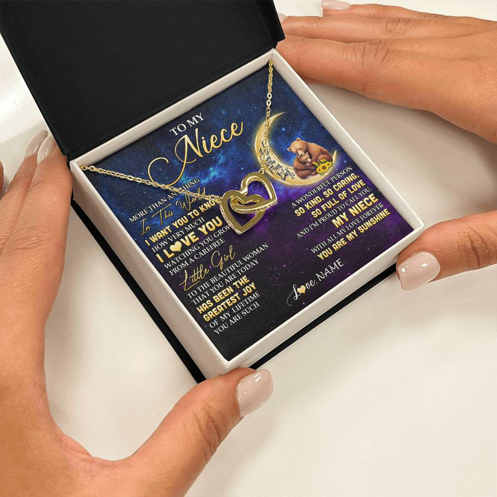 Interlocking Hearts Necklace 18K Yellow Gold Finish | 2 | Personalized To My Niece Necklace From Aunt Uncle Positive Energy Encourage Brave Little Bear Niece Birthday Gifts Christmas Customized Gift Box Message Card | teecentury