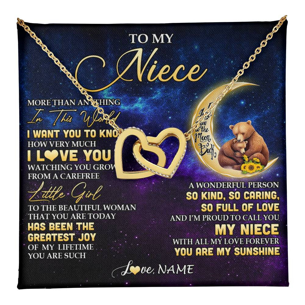 Interlocking Hearts Necklace 18K Yellow Gold Finish | 1 | Personalized To My Niece Necklace From Aunt Uncle Positive Energy Encourage Brave Little Bear Niece Birthday Gifts Christmas Customized Gift Box Message Card | teecentury