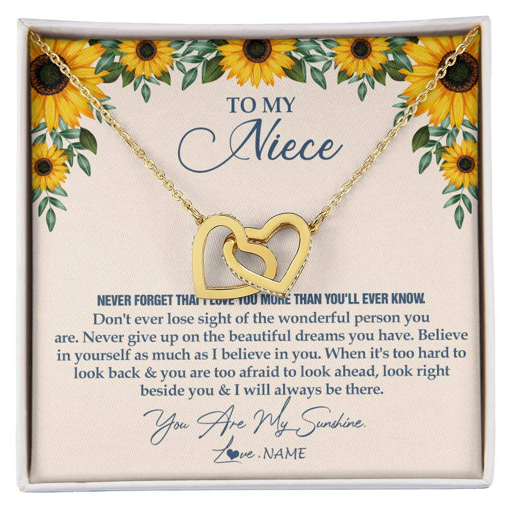 Interlocking Hearts Necklace 18K Yellow Gold Finish | Personalized To My Niece Necklace From Aunt Uncle Sunflower You Are My Sunshine Niece Jewelry Graduation Birthday Christmas Customized Gift Box Message Card | teecentury