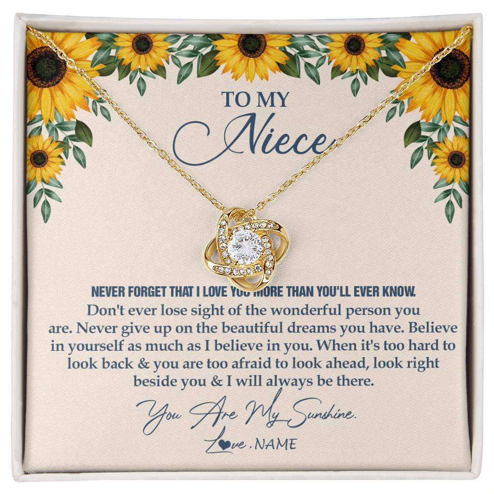 Love Knot Necklace 18K Yellow Gold Finish | Personalized To My Niece Necklace From Aunt Uncle Sunflower You Are My Sunshine Niece Jewelry Graduation Birthday Christmas Customized Gift Box Message Card | teecentury