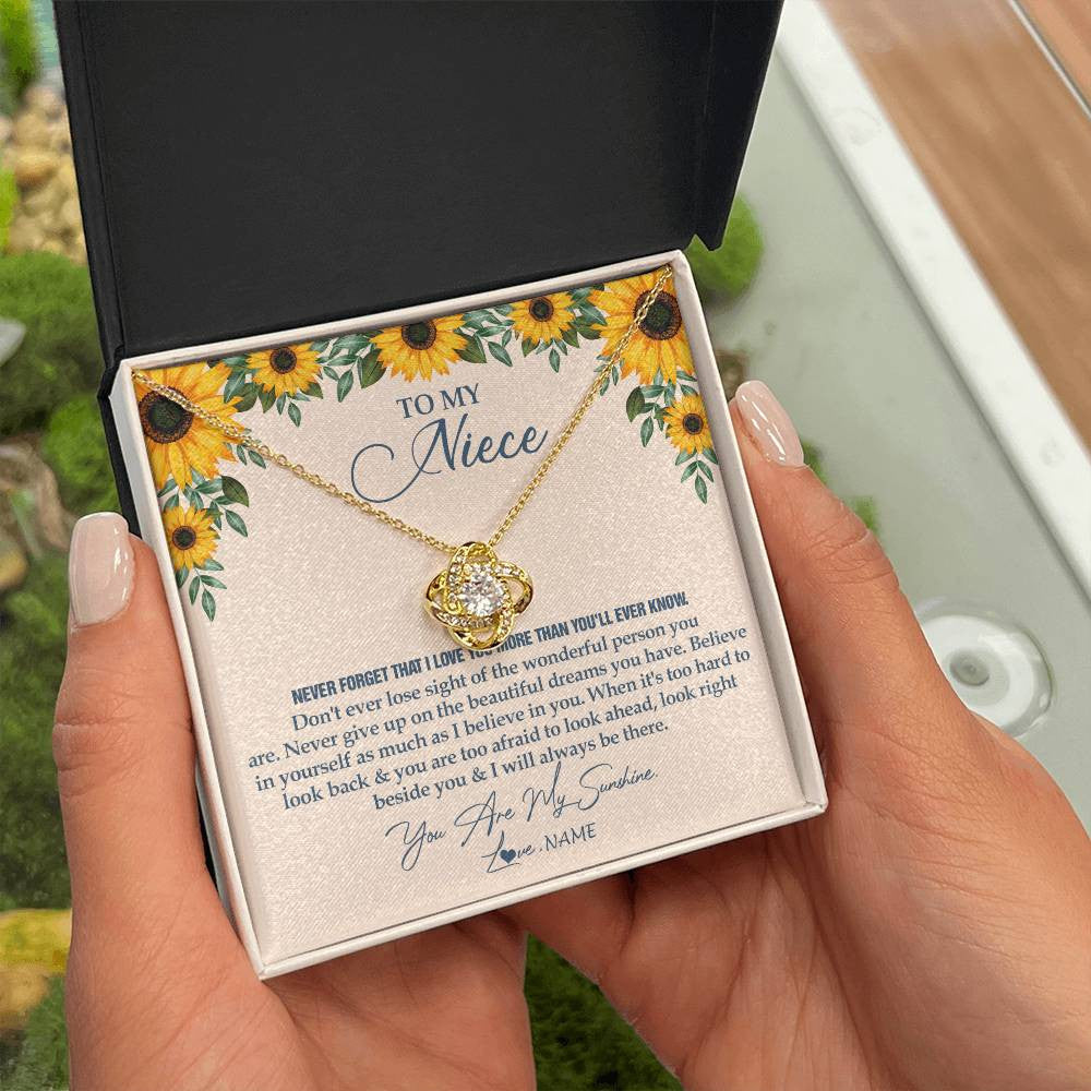 Love Knot Necklace 18K Yellow Gold Finish | Personalized To My Niece Necklace From Aunt Uncle Sunflower You Are My Sunshine Niece Jewelry Graduation Birthday Christmas Customized Gift Box Message Card | teecentury