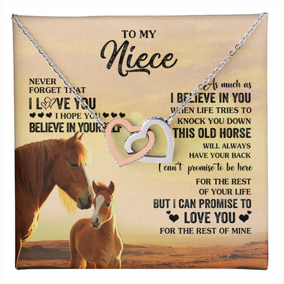 Interlocking Hearts Necklace Stainless Steel & Rose Gold Finish | 1 | Personalized To My Niece Necklace From Aunt Uncle This Old Horse Love You Niece Birthday Gifts Jewelry Graduation Christmas Customized Gift Box Message Card | teecentury