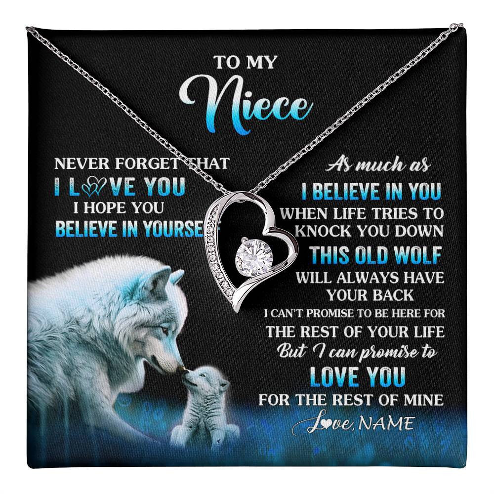 Forever Love Necklace 14K White Gold Finish | 1 | Personalized To My Niece Necklace From Aunt Uncle This Old Wolf Love Niece Birthday Gifts Jewelry Graduation Christmas Customized Gift Box Message Card | teecentury