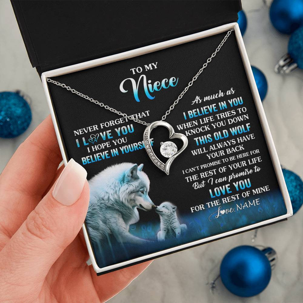 Forever Love Necklace 14K White Gold Finish | 2 | Personalized To My Niece Necklace From Aunt Uncle This Old Wolf Love Niece Birthday Gifts Jewelry Graduation Christmas Customized Gift Box Message Card | teecentury
