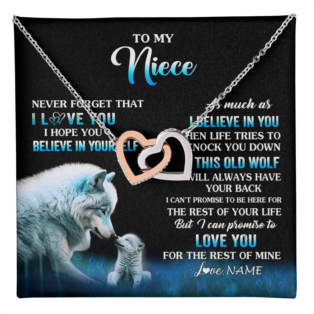 Interlocking Hearts Necklace Stainless Steel & Rose Gold Finish | 1 | Personalized To My Niece Necklace From Aunt Uncle This Old Wolf Love Niece Birthday Gifts Jewelry Graduation Christmas Customized Gift Box Message Card | teecentury