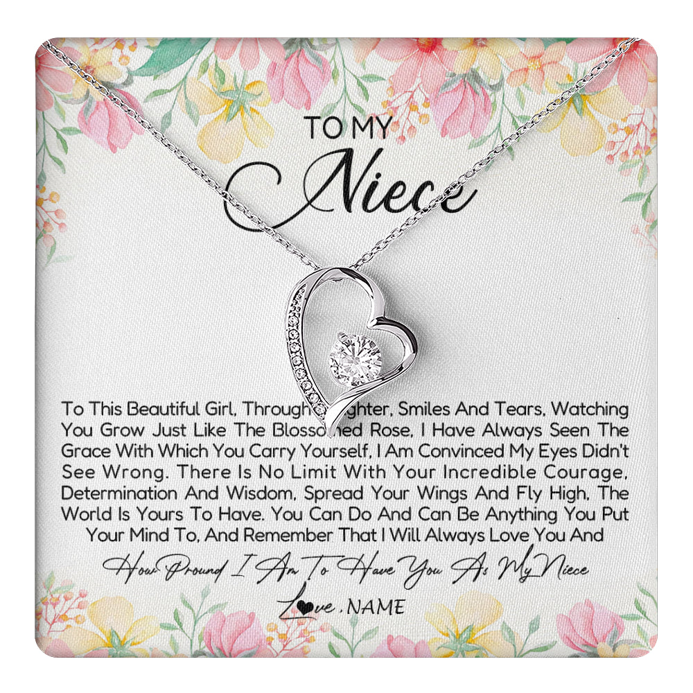 Forever Love Necklace 14K White Gold Finish | 1 | Personalized To My Niece Necklace From Aunt Uncle To This Beautiful Niece Pendant Jewelry Birthday Graduation Christmas Customized Gift Box Message Card | teecentury