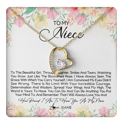 Forever Love Necklace 18K Yellow Gold Finish | 1 | Personalized To My Niece Necklace From Aunt Uncle To This Beautiful Niece Pendant Jewelry Birthday Graduation Christmas Customized Gift Box Message Card | teecentury