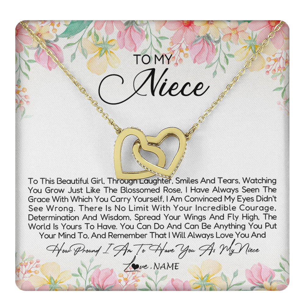 Interlocking Hearts Necklace 18K Yellow Gold Finish | 1 | Personalized To My Niece Necklace From Aunt Uncle To This Beautiful Niece Pendant Jewelry Birthday Graduation Christmas Customized Gift Box Message Card | teecentury