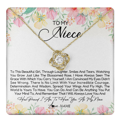 Love Knot Necklace 18K Yellow Gold Finish | 1 | Personalized To My Niece Necklace From Aunt Uncle To This Beautiful Niece Pendant Jewelry Birthday Graduation Christmas Customized Gift Box Message Card | teecentury