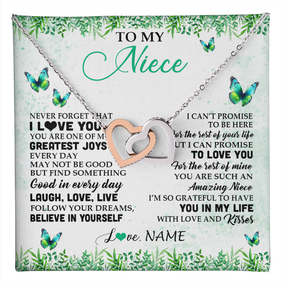 Interlocking Hearts Necklace Stainless Steel & Rose Gold Finish | 1 | Personalized To My Niece Necklace From Uncle Aunt Auntie Butterfly Laugh Love Live Birthday Motivational Quote Christmas Customized Gift Box Message Card | teecentury