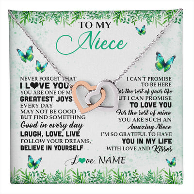 Interlocking Hearts Necklace Stainless Steel & Rose Gold Finish | 1 | Personalized To My Niece Necklace From Uncle Aunt Auntie Butterfly Laugh Love Live Birthday Motivational Quote Christmas Customized Gift Box Message Card | teecentury