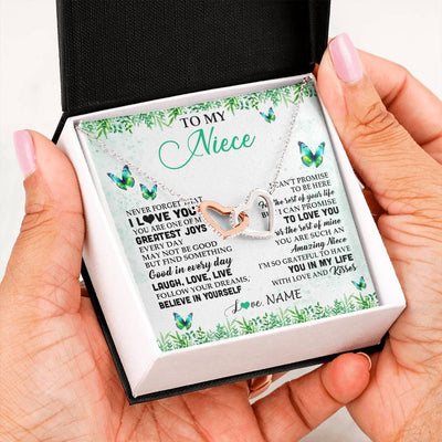 Interlocking Hearts Necklace Stainless Steel & Rose Gold Finish | 2 | Personalized To My Niece Necklace From Uncle Aunt Auntie Butterfly Laugh Love Live Birthday Motivational Quote Christmas Customized Gift Box Message Card | teecentury